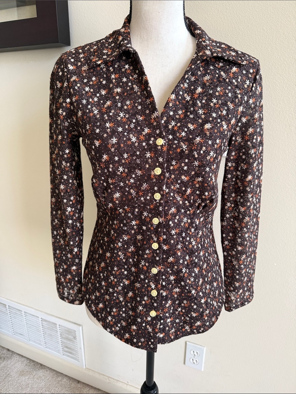 Nine West Brown Floral Button-Down Shirt with Gold Buttons